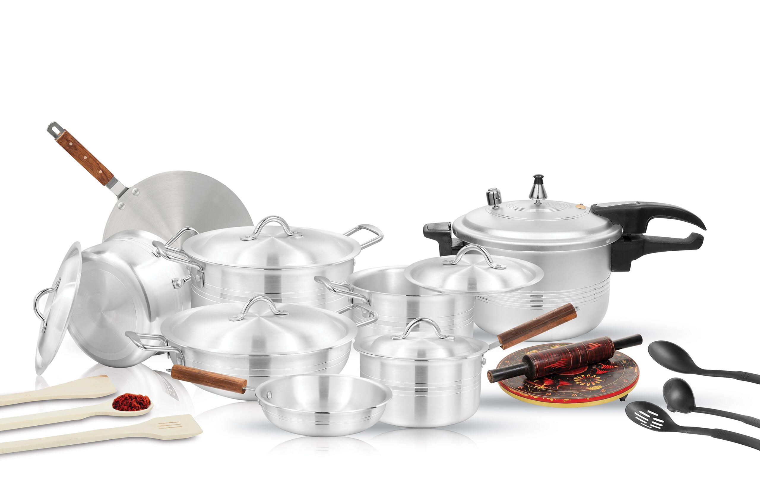 The Ultimate Kitchen Companion: 23-Piece Metal Finish Cookware Set with Pressure Cooker